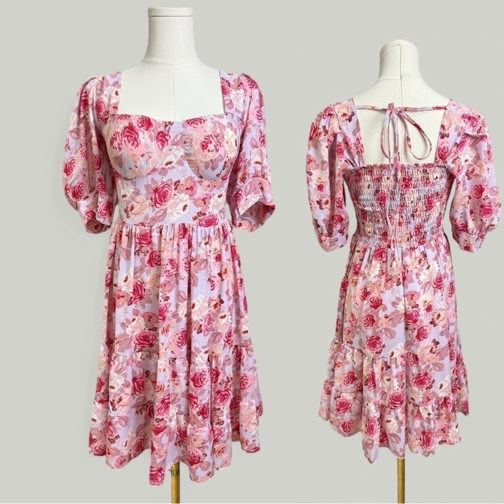 Pink Dress Women Size XS Floral Puff Short Sleeves Mini Short Bustier Smock